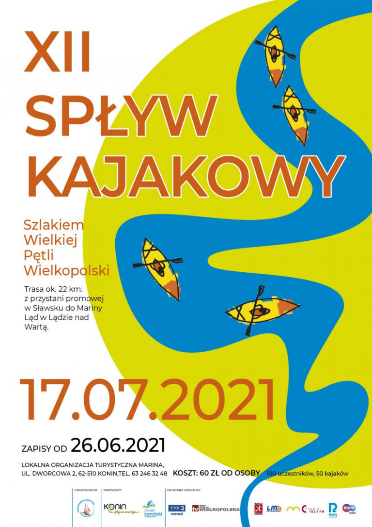 Plakat promujący spływ kajakowy do Lądu organizowany przez LOT MARINA