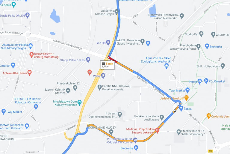 Mapa ukazująca zmiany w kursowaniu autobusów jadących w kierunku Ślesina.