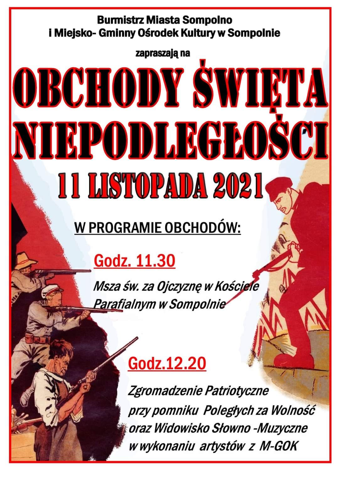Plakat informujący o obchodach Dnia Niepodległości w Gminie Sompolno