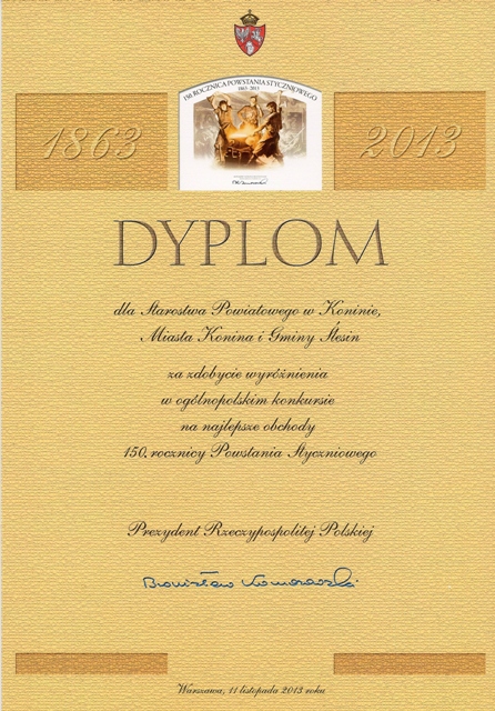 Dyplom Prezydenta RP za zdobycie wyróżnienia w ogólnopolskim konkursie na najlepsze obchody 150. roc