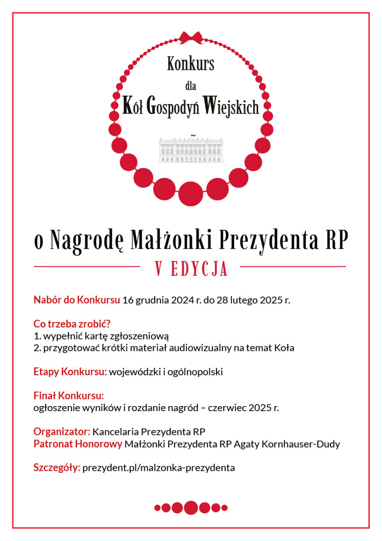 V edycja Konkursu dla KGW o nagrodę Małżonki Prezydenta RP