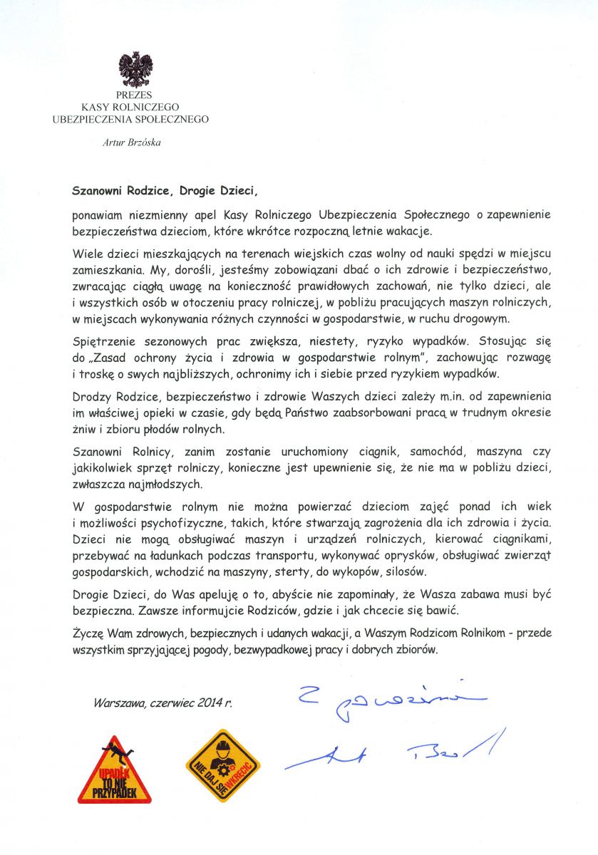 Apel Prezesa KRUS Artura Brzóski