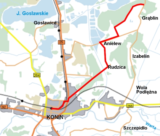 Mapa łącznikowego szlaku rowerowego Konin - Grąblin