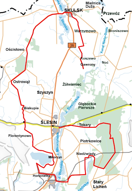 Mapa szlaku rowerowego Gawrony - Ostrowąż - Ślesin